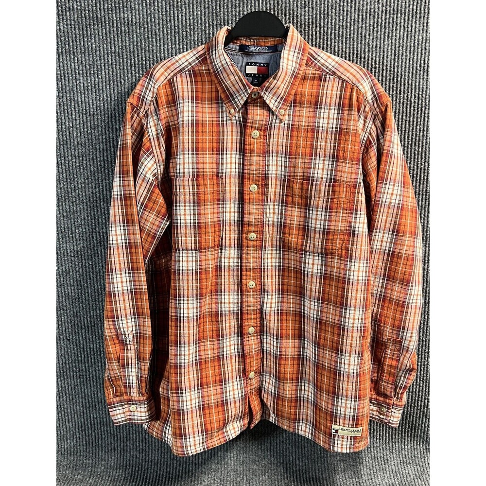 VTG TOMMY Jeans HILFIGER Shirt Mens Medium Orange Plaid Quilted Lined LS‎ Button